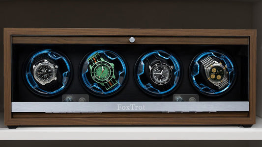 Foxtrot Horomaster Watch Winder, on a shelf, displaying 4 automatic watches