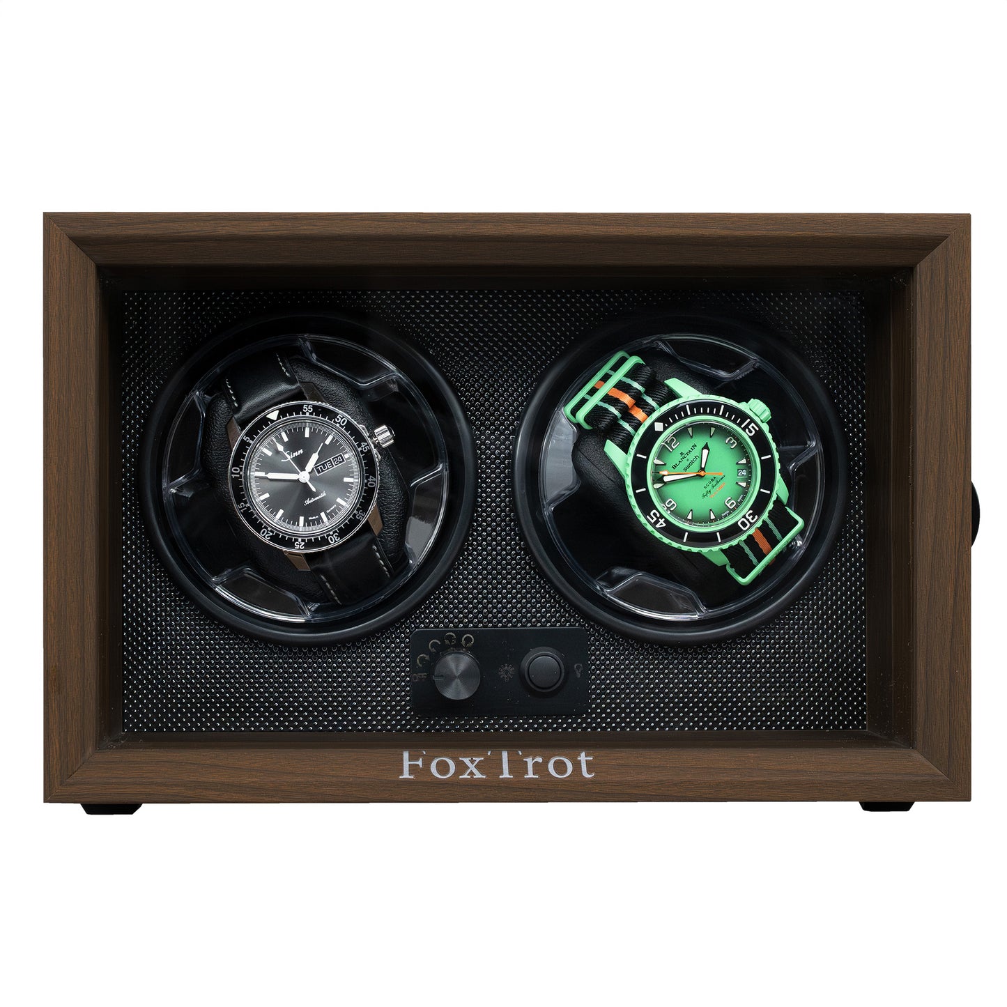 Foxtrot Chronoguard Black wooden watch winder displaying a Sinn and a Blancpain-Swatch