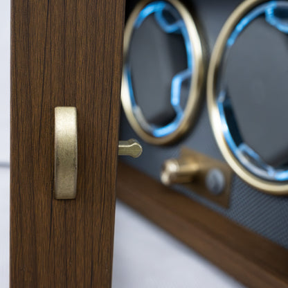 Close up on the door of a Foxtrot Chronoguard Gold wooden watch winder