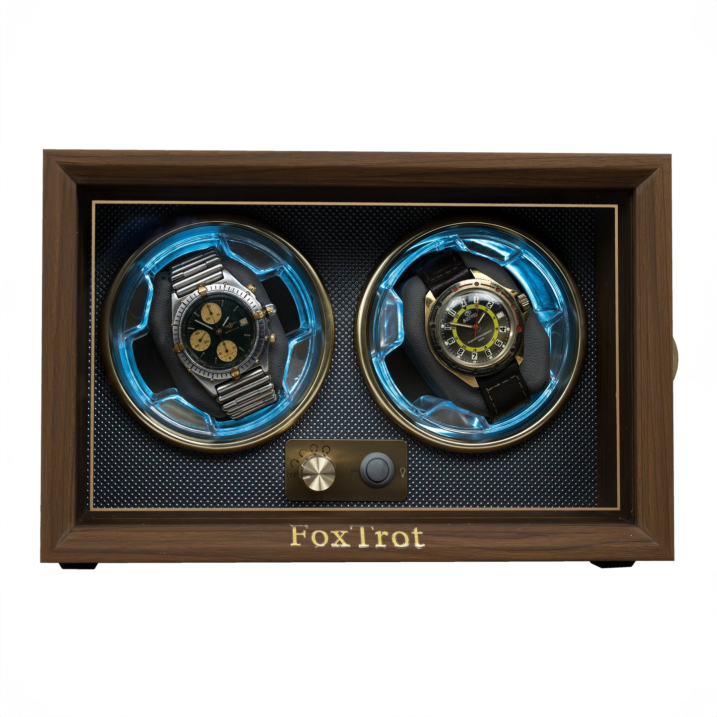 Foxtrot Chronoguard Gold wooden watch winder displaying a Breitling and a Vostok