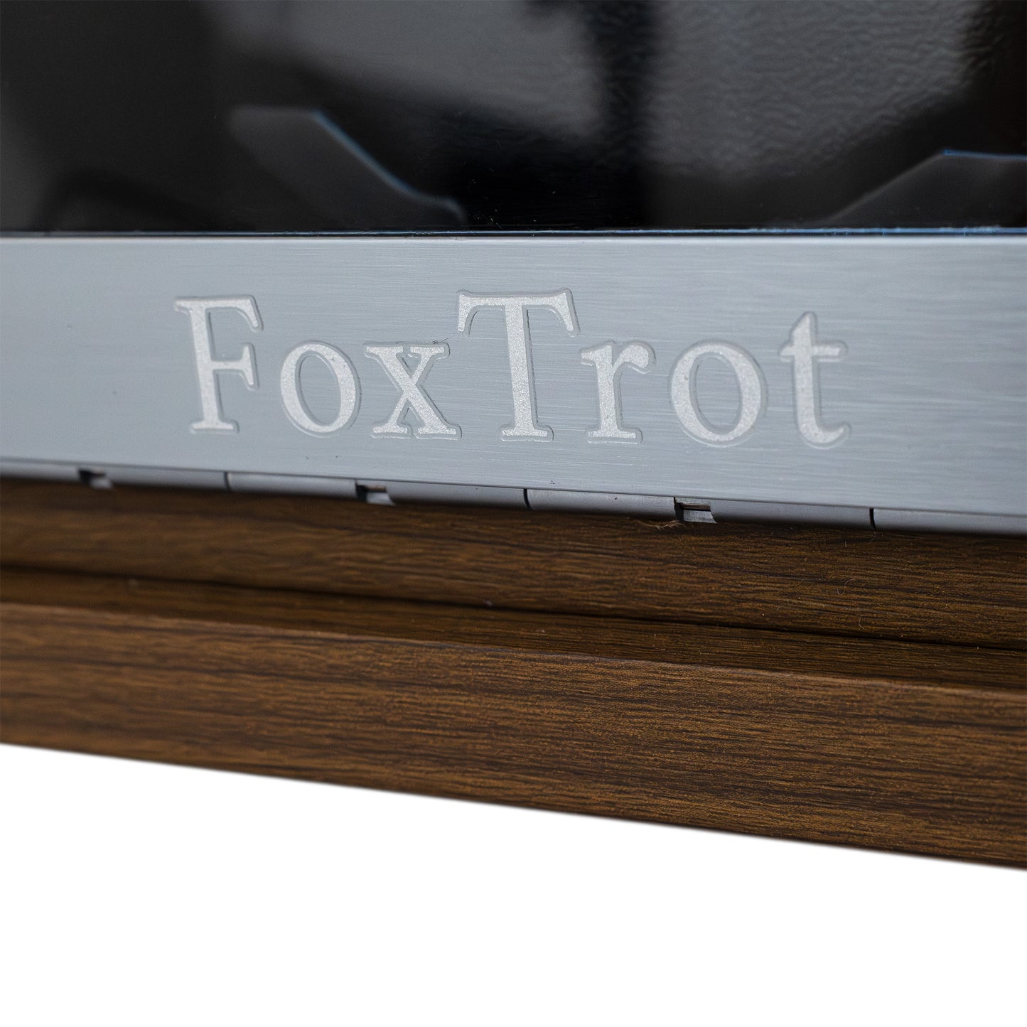 Close-up of the logo of the Foxtrot Horomaster Black Watch Winder for  3 automatic watches