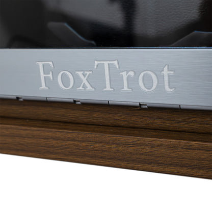 Close-up of the logo of the Foxtrot Horomaster Black Watch Winder for  3 automatic watches