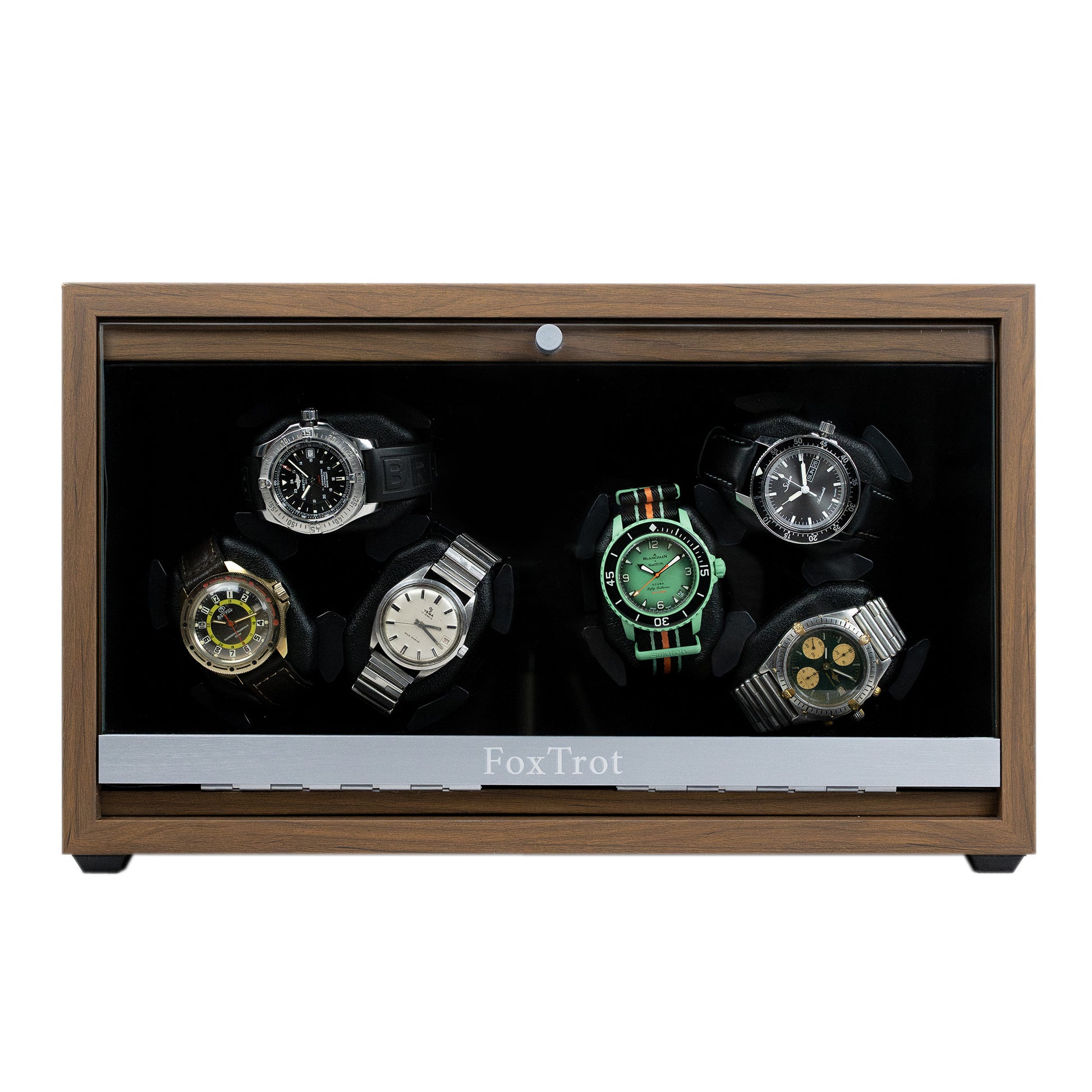 Foxtrot Horomaster Black wooden watch winder displaying a Sinn, 2 Breitlings, and a Blancpain-Swatch