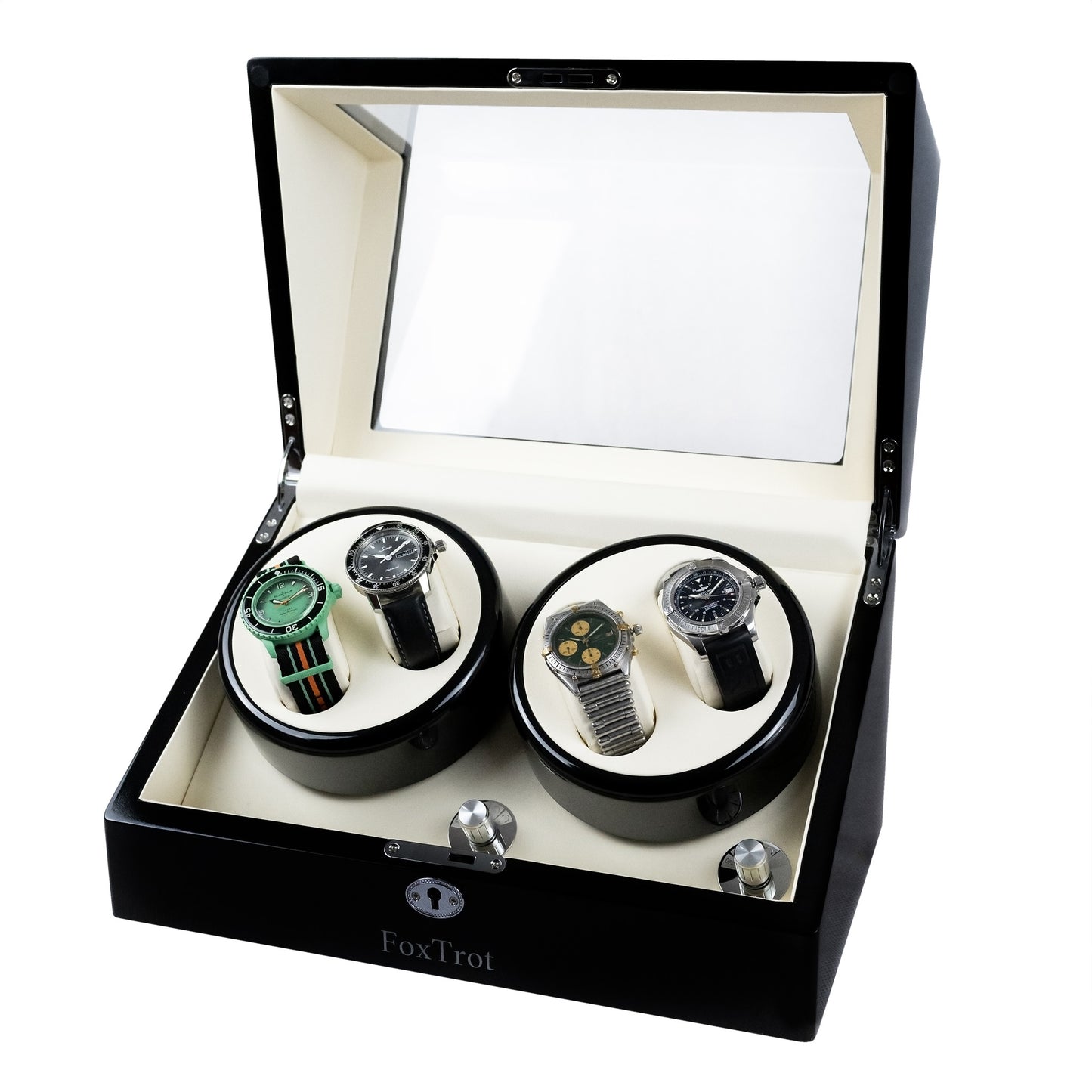 Foxtrot Promatic White Piano Lacquer watch winder displaying a Sinn, 2 Breitlings and a Blancpain-Swatch