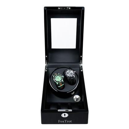 Foxtrot Promatic Black  Piano Lacquer watch winder displaying a Sinn and a Blancpain-Swatch