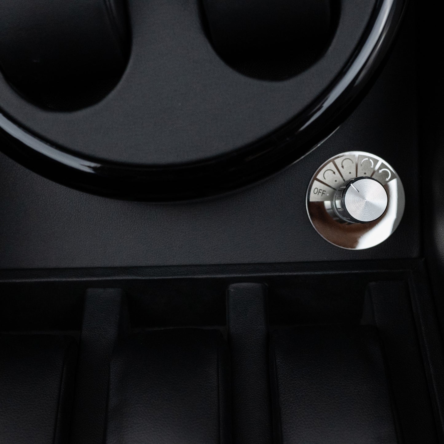 Close-up of the mods selector of a Foxtrot Promatic Black Piano Lacquer watch winder