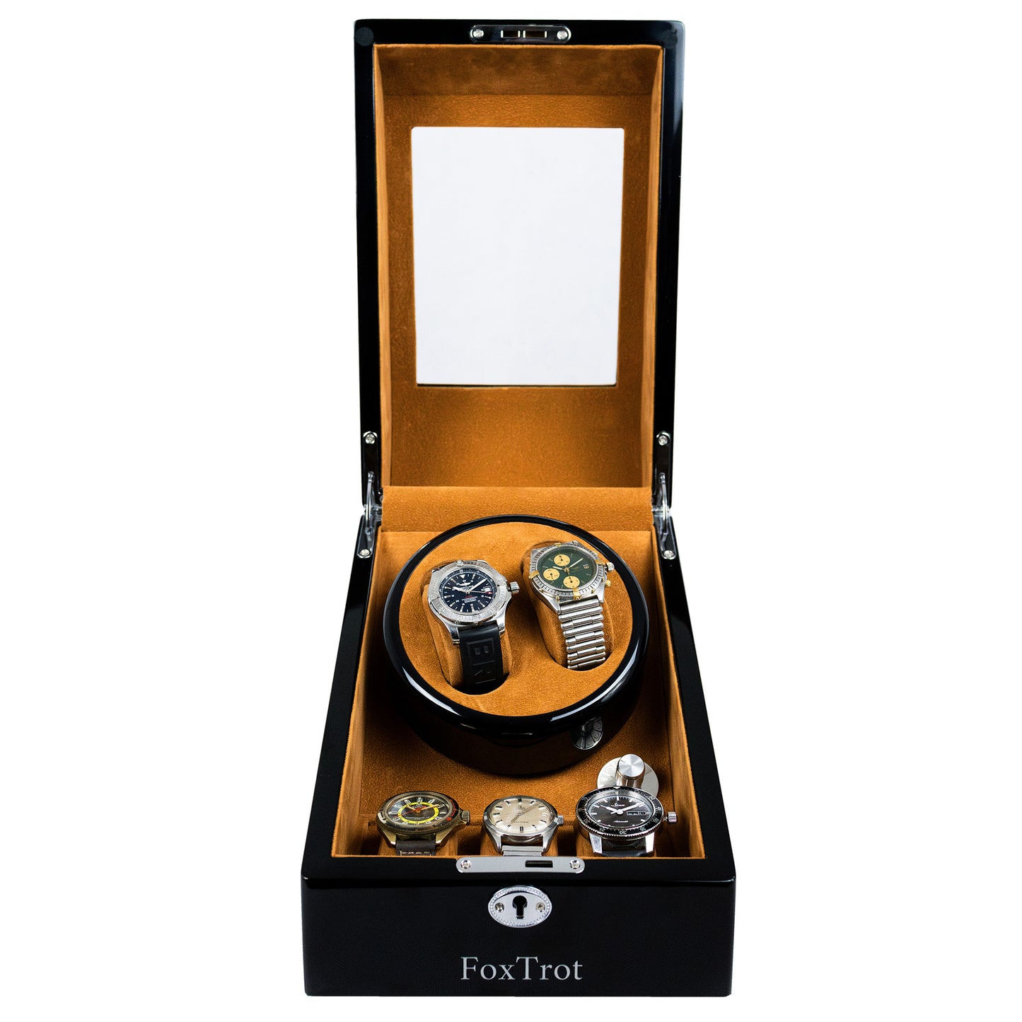 Foxtrot Promatic Camel velvet Piano Lacquer watch winder displaying a Sinn, 2 Breitlings and a Blancpain-Swatch