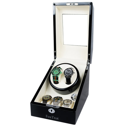 Foxtrot Promatic White Piano Lacquer watch winder displaying a Sinn and a Blancpain-Swatch