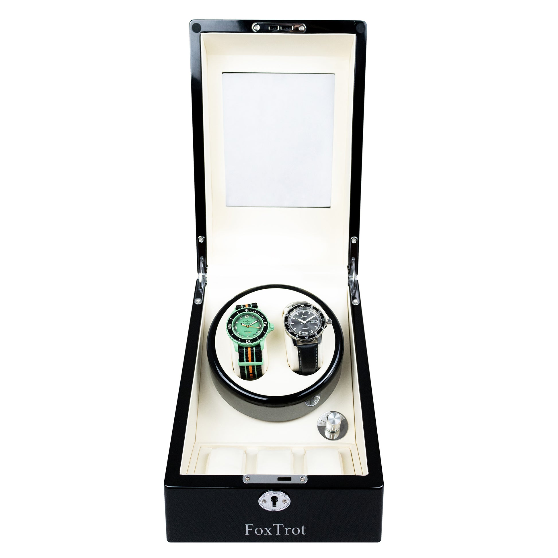 Foxtrot Promatic White Piano Lacquer watch winder displaying a Sinn and a Blancpain-Swatch