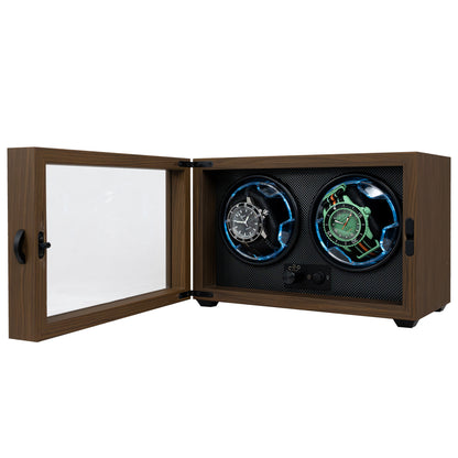 Foxtrot Chronoguard Black wooden watch winder displaying a Sinn and a Blancpain-Swatch