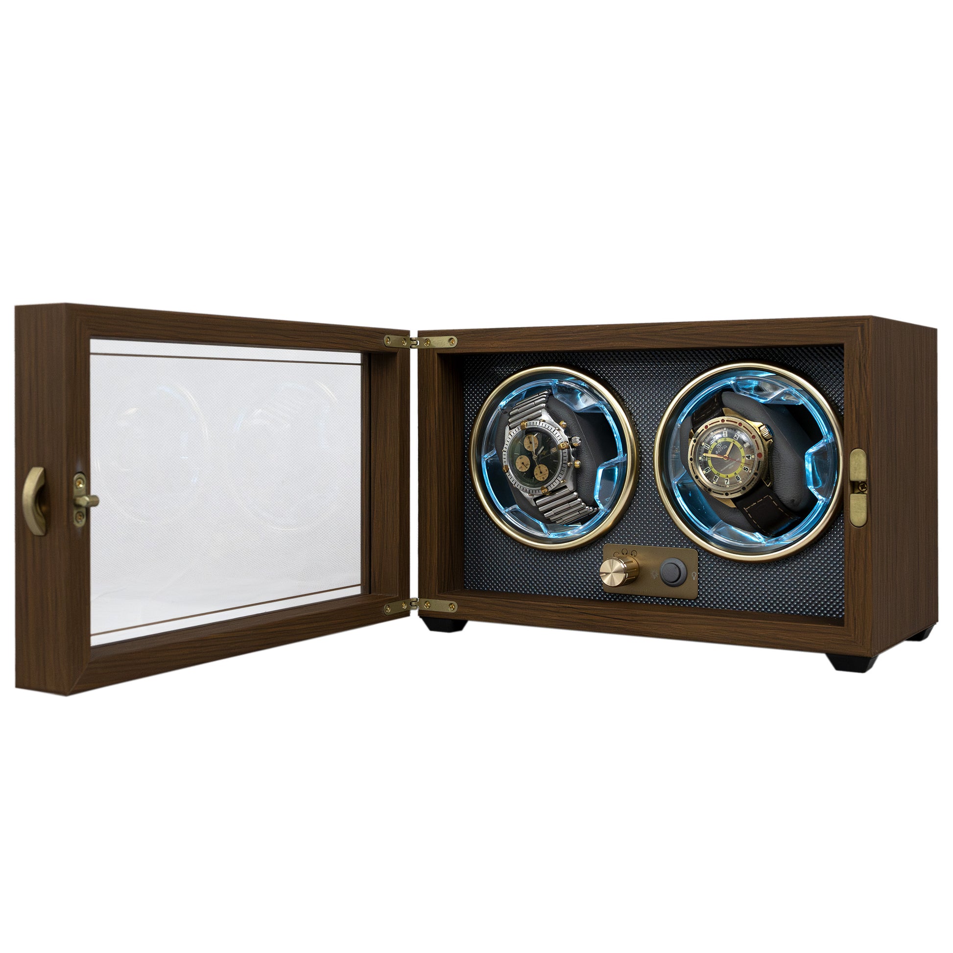 Foxtrot Chronoguard Gold wooden watch winder displaying a Breitling and a Vostok