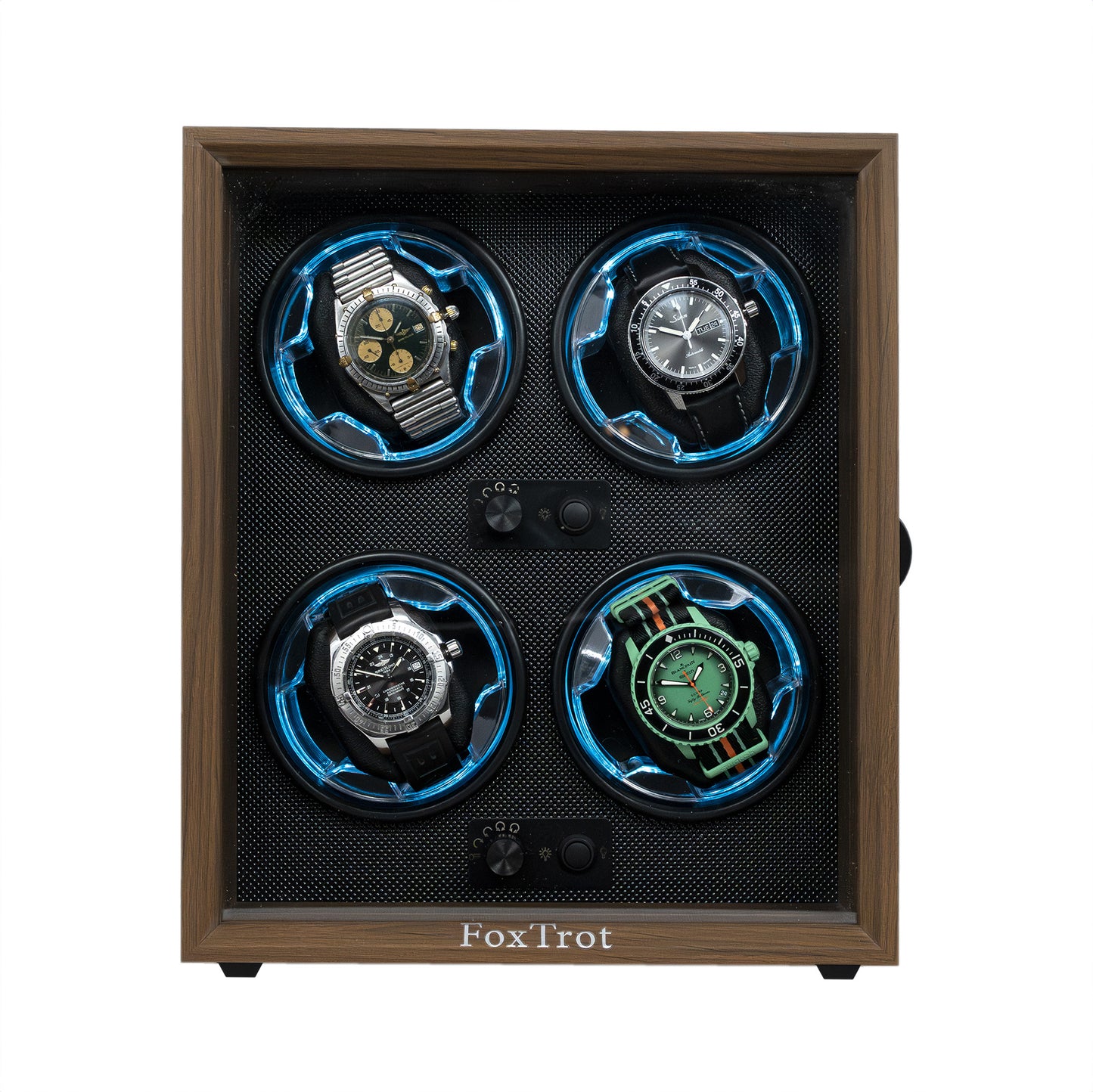 Foxtrot Chronoguard Black wooden watch winder displaying a Sinn and a Blancpain-Swatch