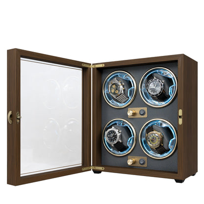 Foxtrot Chronoguard Gold wooden watch winder displaying a Sinn, 2 Breitlings and a Blancpain-Swatch