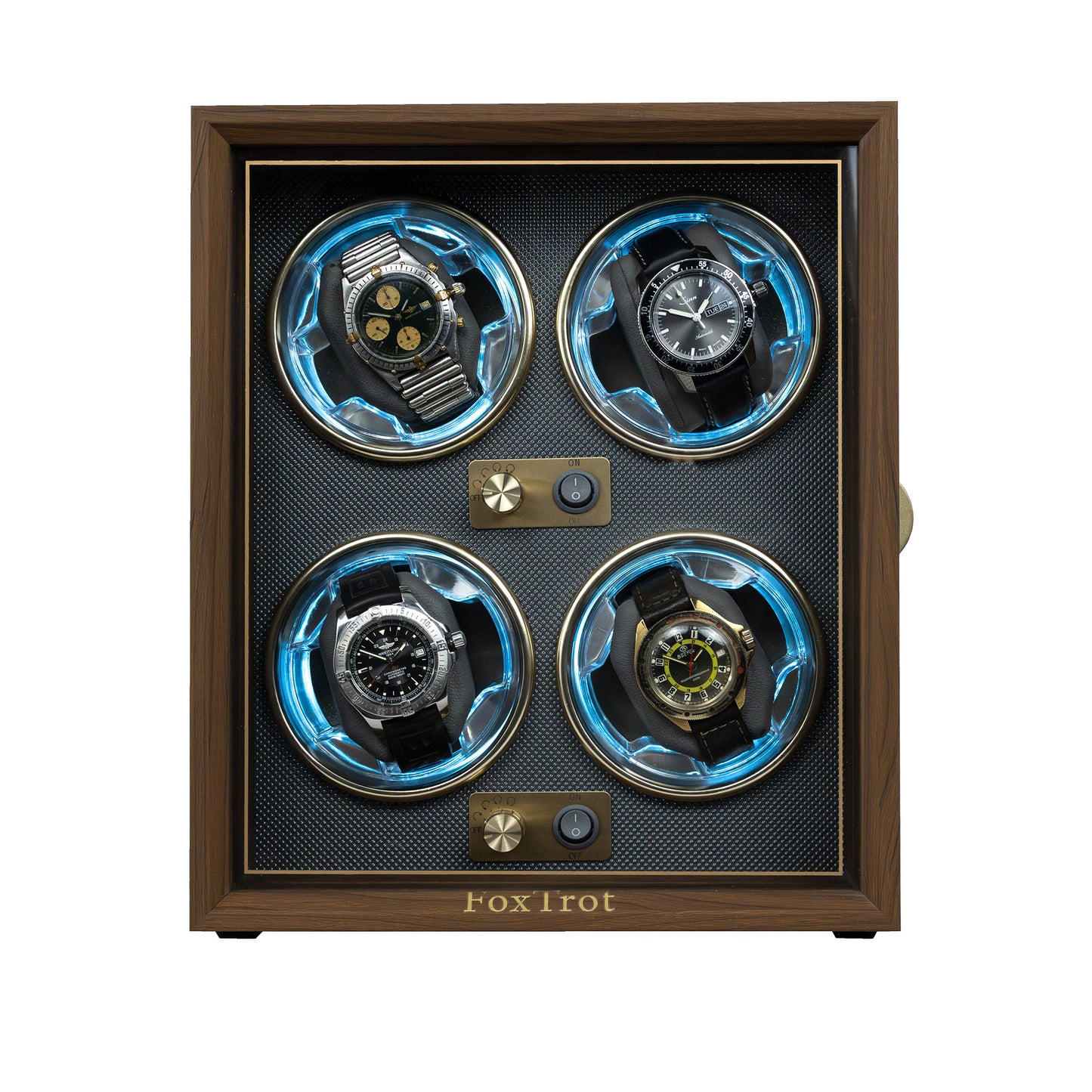 Foxtrot Chronoguard Gold wooden watch winder displaying a Sinn, 2 Breitlings and a Blancpain-Swatch