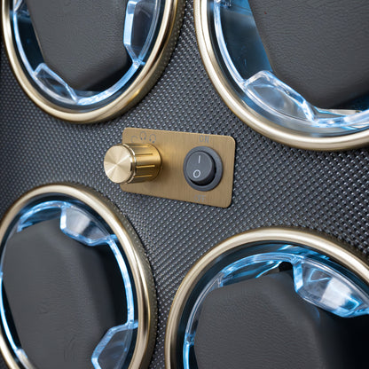 Close up on the winding system of a Foxtrot Chronoguard Gold wooden watch winder