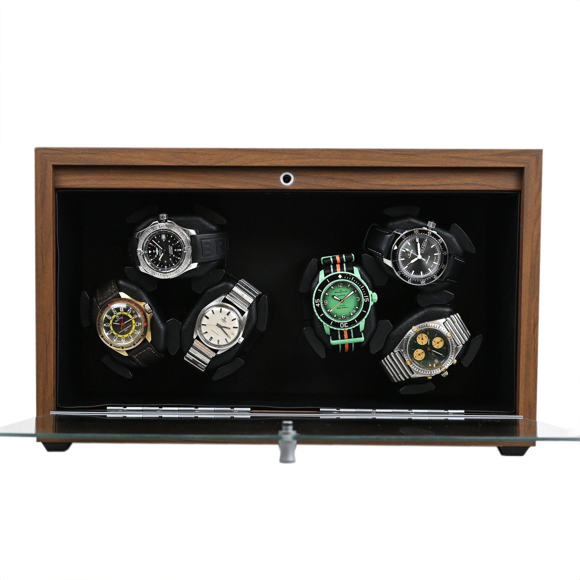 Foxtrot Horomaster Black wooden watch winder displaying a Sinn, 2 Breitlings, and a Blancpain-Swatch