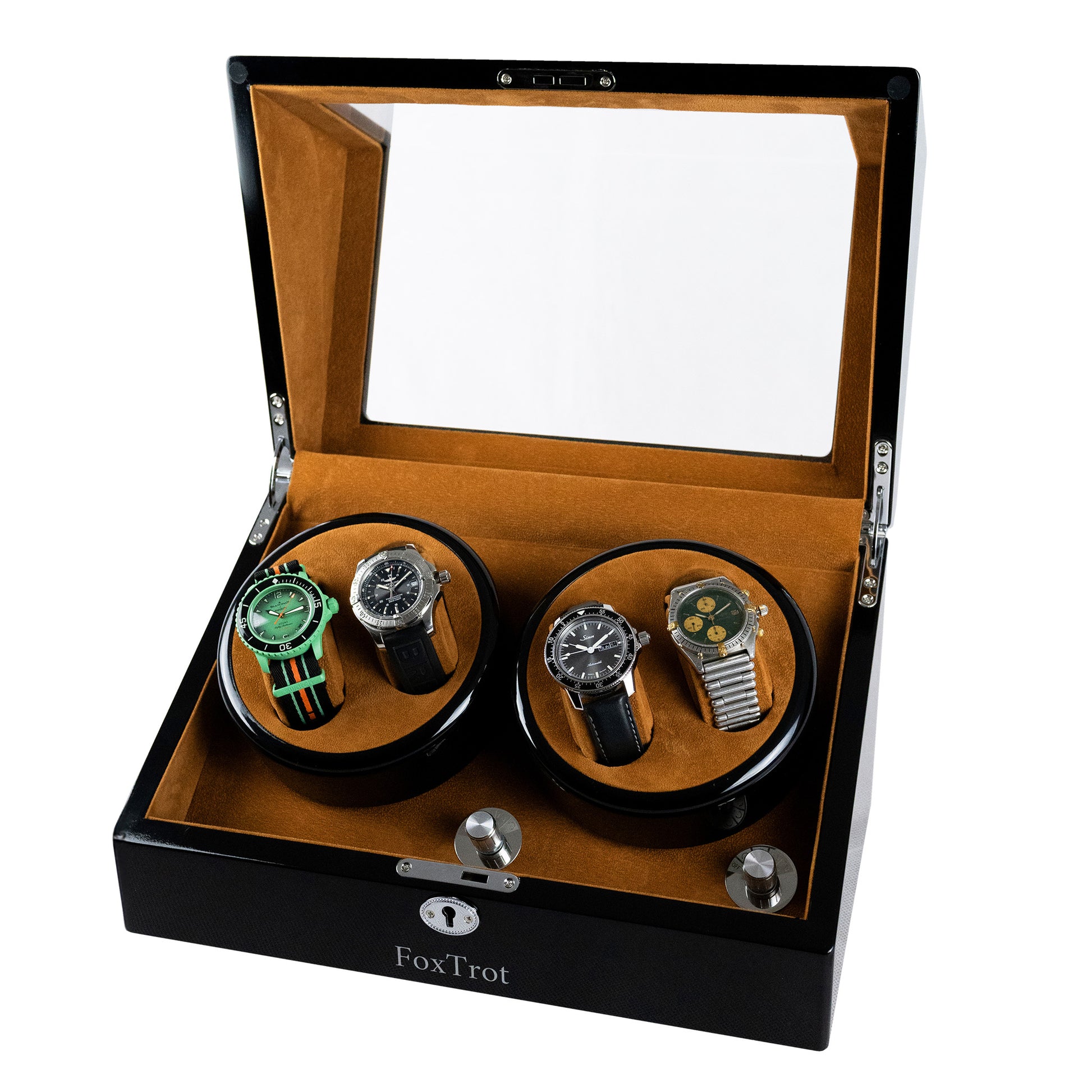 Foxtrot Promatic Camel velvet Piano Lacquer watch winder displaying a Sinn, 2 Breitlings and a Blancpain-Swatch