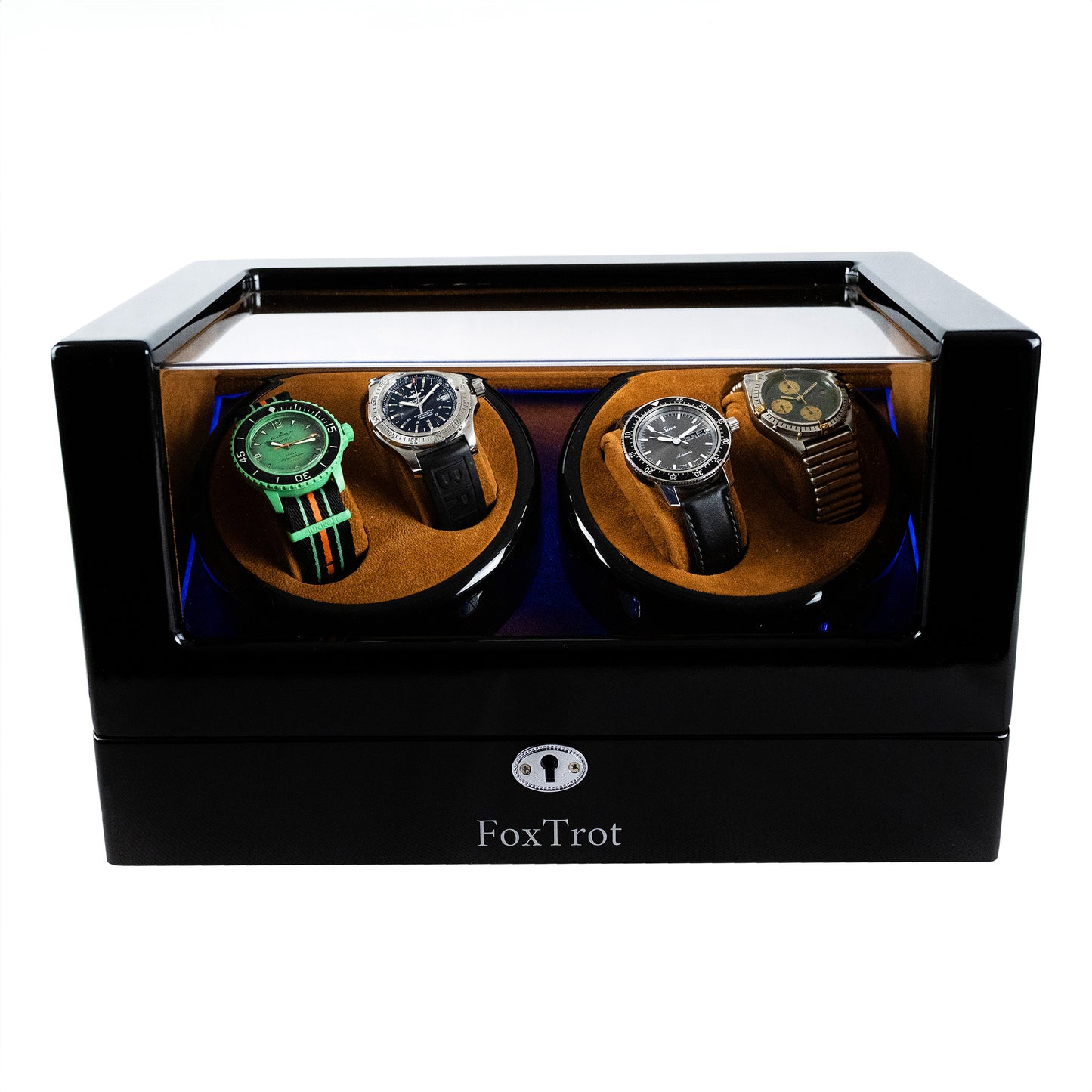 Foxtrot Promatic Camel velvet Piano Lacquer watch winder displaying a Sinn, 2 Breitlings and a Blancpain-Swatch