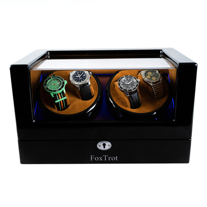 Foxtrot Promatic Camel velvet Piano Lacquer watch winder displaying a Sinn, 2 Breitlings and a Blancpain-Swatch