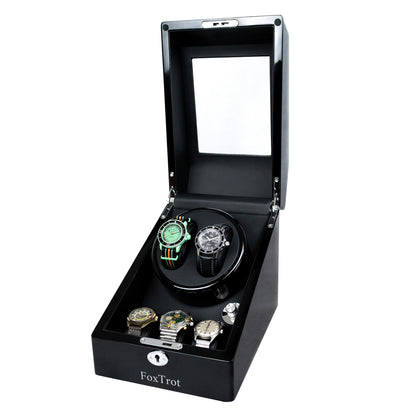 Foxtrot Promatic Black Piano Lacquer watch winder displaying a Sinn, 2 Breitlings and a Blancpain-Swatch