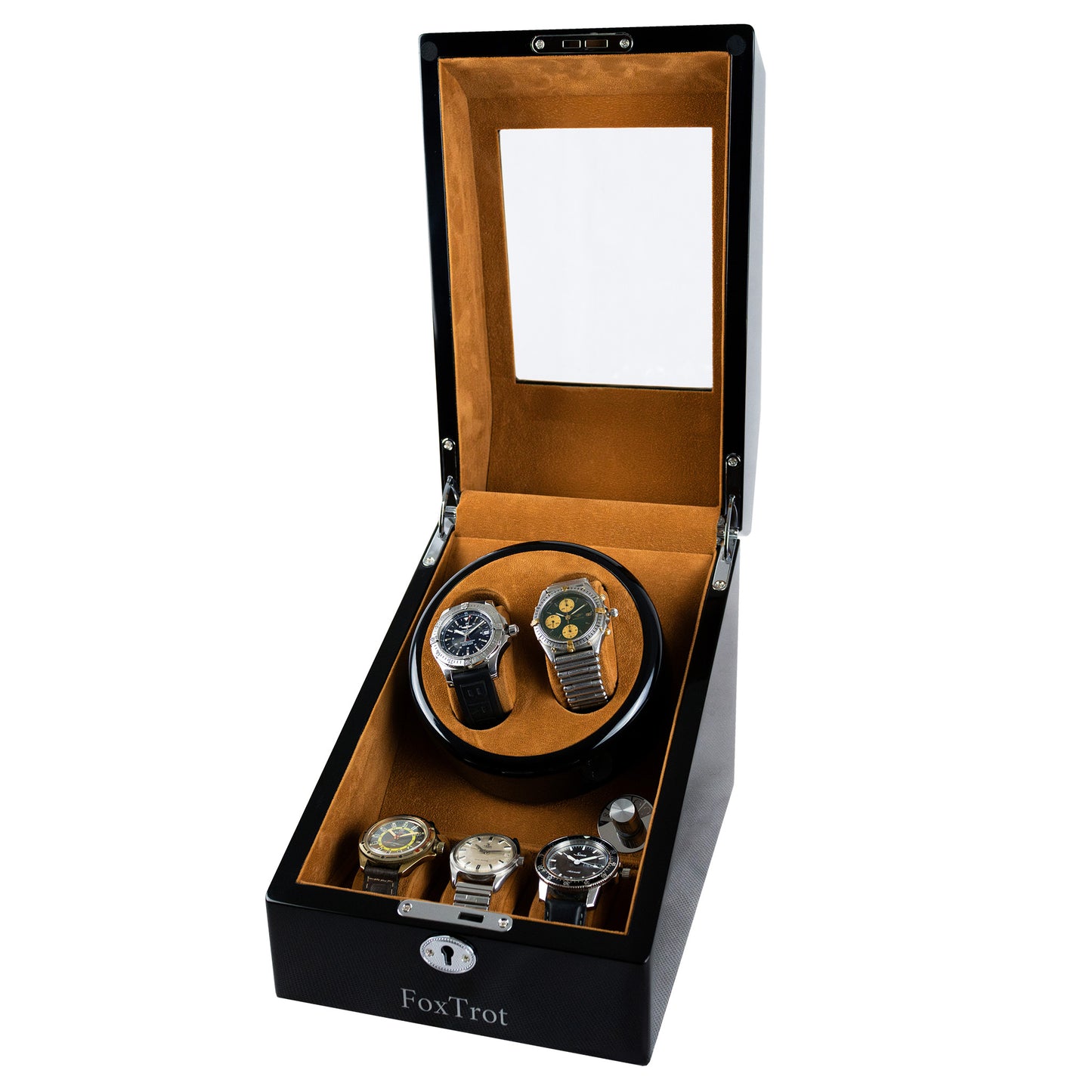 Foxtrot Promatic Camel velvet Piano Lacquer watch winder displaying a Sinn, 2 Breitlings and a Blancpain-Swatch