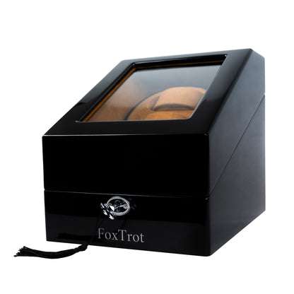 Close shot of a Foxtrot Promatic Camel velvet Piano Lacquer watch winder for 5 automatic watches