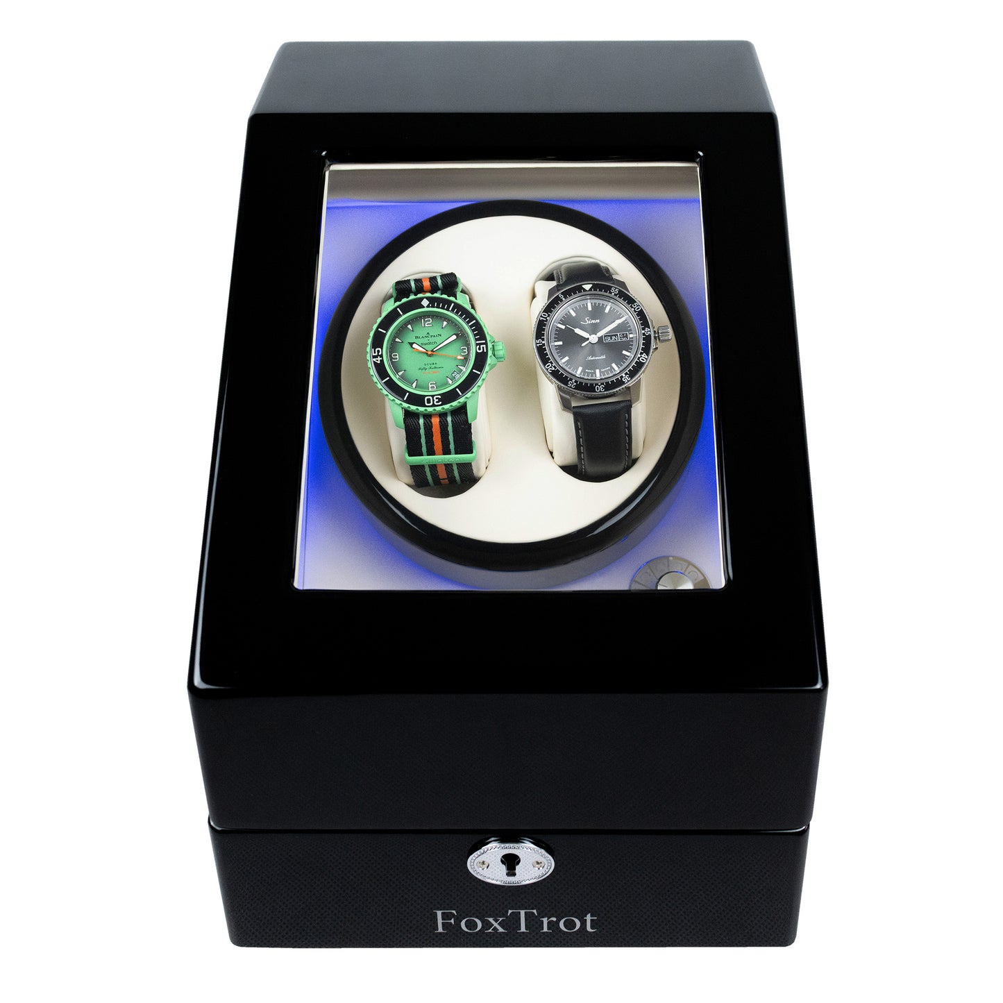 Foxtrot Promatic White Piano Lacquer watch winder displaying a Sinn and a Blancpain-Swatch