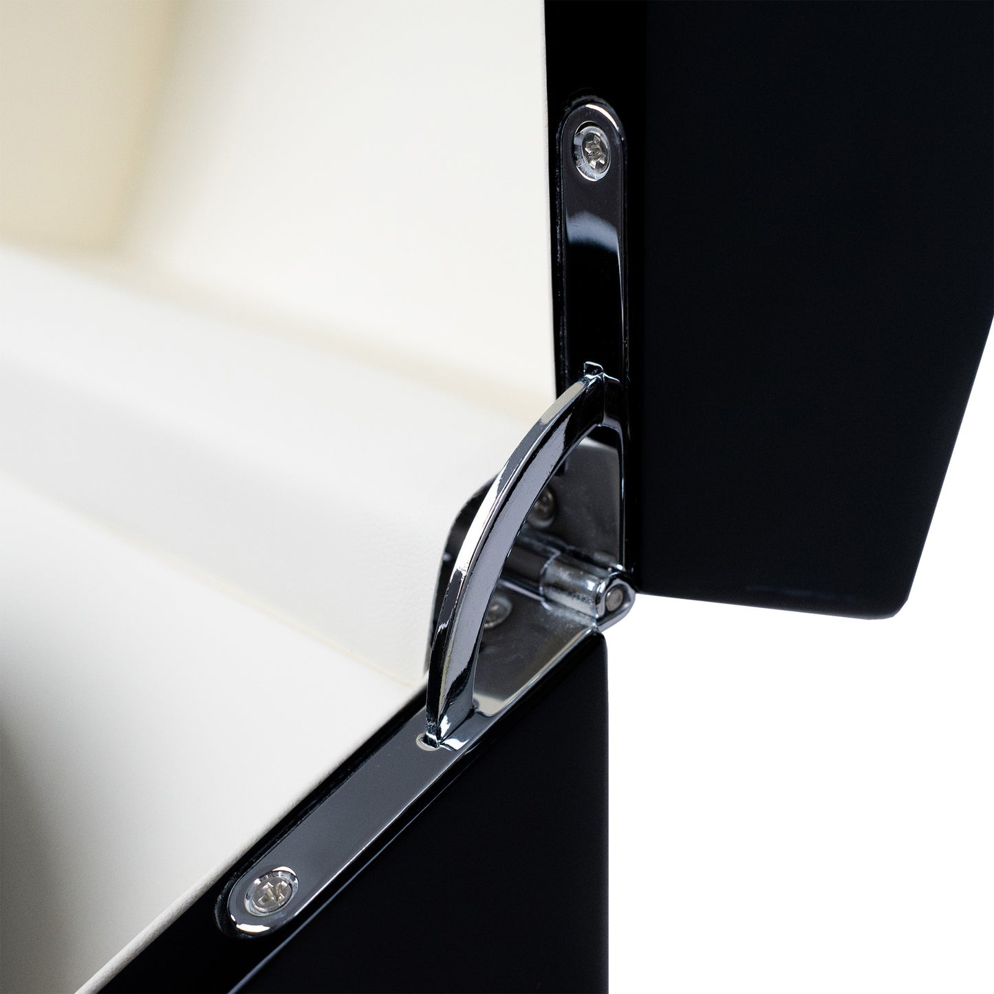 Close up on the hinges of a Promatic White Piano Lacquer wooden watch winder